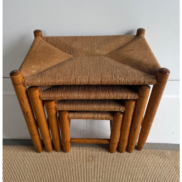 Gio Ponti Late 20th Century Vintage Set of Four Rush Nesting Footstools and Ottoman For Sale - Image 4 of 12