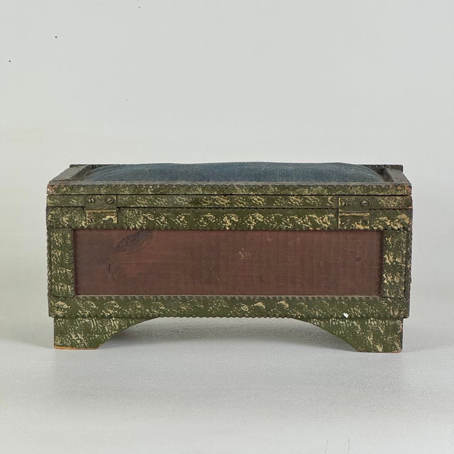 Olive Vintage Painted Tramp / Folk Art Sewing Box With Large Pincushion Top & Red Heart Carving For Sale - Image 8 of 18