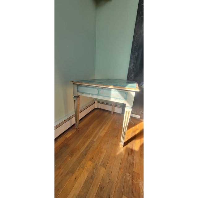 Wood Mid 20th Century Neoclassical Louis XVI Style Demilune Console Table With Faux Marble Top For Sale - Image 7 of 10