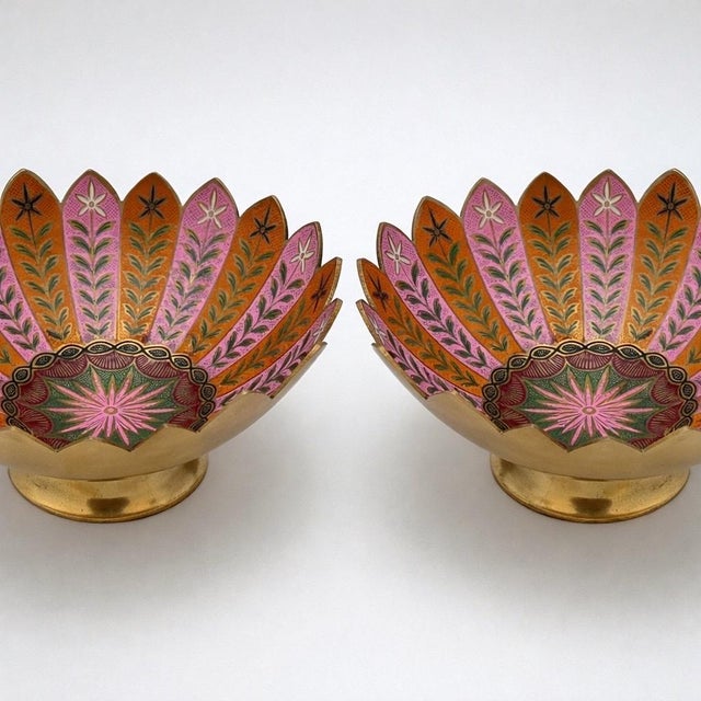 English Pair of Boho Brass & Pink Enameled Lotus Bowls by Sarreid Ltd. For Sale - Image 3 of 9