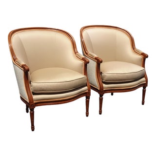 Pair of Baker Vintage French Louis Traditional Beige Tub Accent Chairs by Baker For Sale