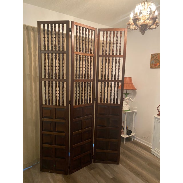 Mid Century Wooden Room Divider Room Screen Walnut With Spindle and