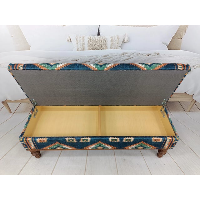 Wood Diamond Pattern Rug Print Fabric Upholstered Navy Storage Ottoman Bench For Sale - Image 7 of 8