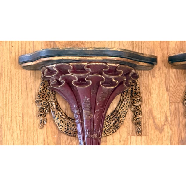 Metal Red Chinoiserie Decorated Wall Shelves Hand Painted With Leopard Swags and Gold Accents For Sale - Image 7 of 12