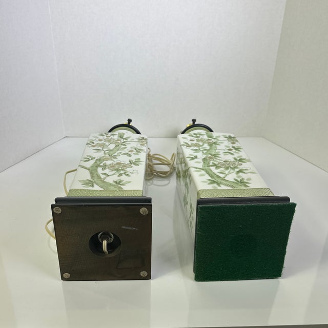 Pair of Vintage Green Apple Blossom Chinese Lamps For Sale - Image 9 of 12