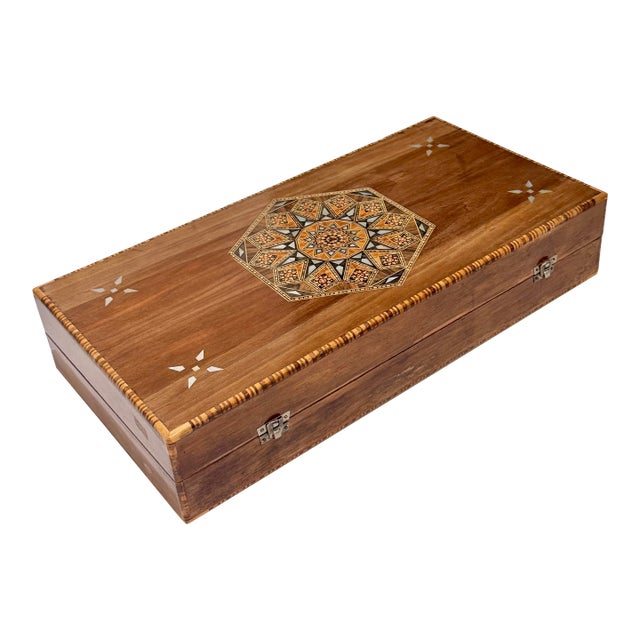 Vintage Handcrafted Damascus Marquetry Inlaid Wood Folding Backgammon Board Box For Sale