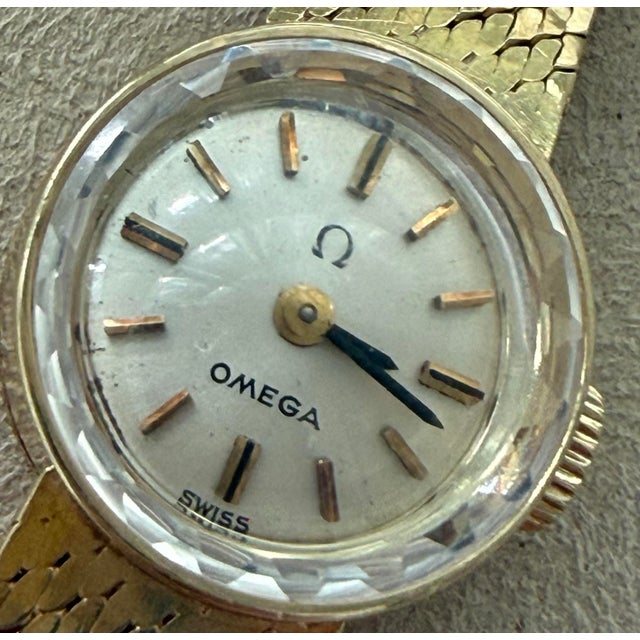 Traditional Rare Vintage 14 Karat Gold Ladies Omega Dress Wristwatch, Circa 1968 With Manual Wind-Up & Woven Gold Mesh Band by Premier Swiss Maker Omega For Sale - Image 3 of 12