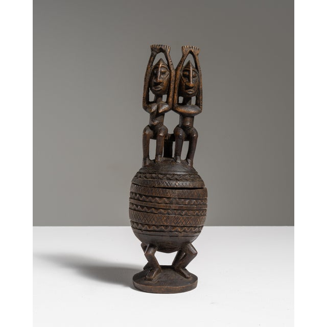 20th Century Dark Brown African Hand-Carved Lidded Vessel with Caryatid Figures For Sale In Greensboro - Image 6 of 15