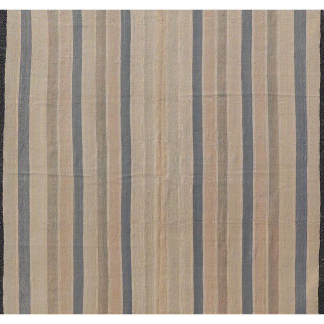 Mid 20th Century Vintage Turkish Gallery Kilim With Soft Neutral Stripes in Blue and Sand For Sale - Image 5 of 12