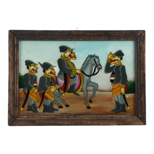 Framed Punakawan Reverse Painting Glass Military Salute For Sale