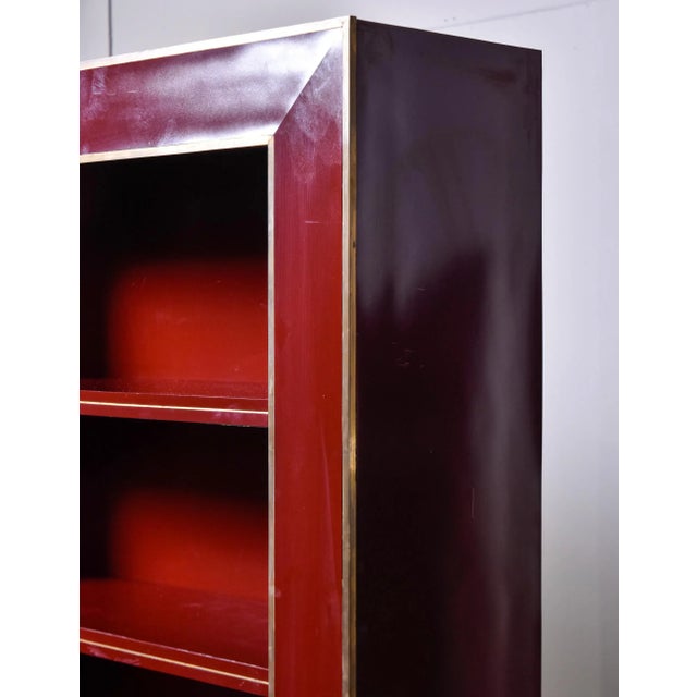 Wood Vintage Red Lacquered Chinoiserie Style Shelf Cabinets With Brass Trim and Hardware - Pair For Sale - Image 7 of 13