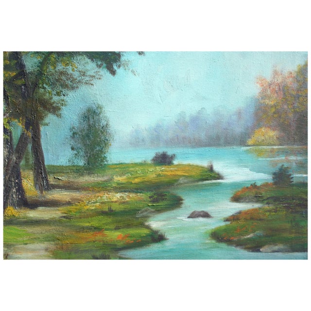 Peaceful landscape of a narrow path next to a winding river lined with Sycamore trees by Alice Egge (American, 1931 -...