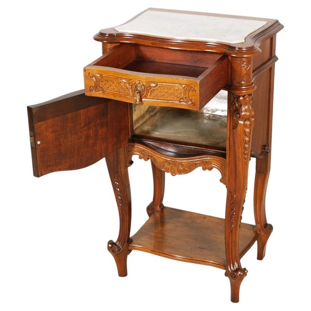 Italian Hand-Carved Walnut Bedside Tables with Marble Tops, 1940s, Set of 2, in Very Good conditions. Designed 1920 to...