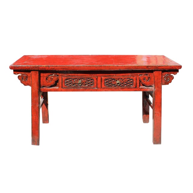 Chinese Distressed Red 2 Drawers Side Pedestal Console Table