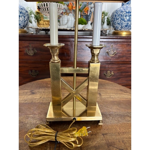 A truly striking vintage bouillotte lamp with an art deco, angular design. Heavy brass with original green metal shade...