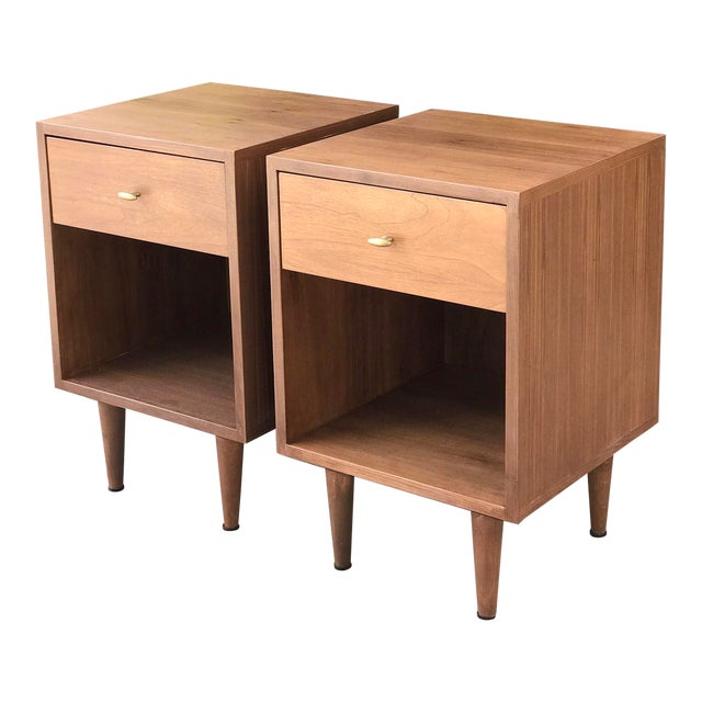 Custom Mid Century Walnut Nightstands With Brass Knobs Chairish