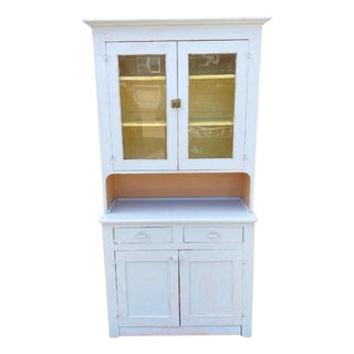 Antique French Country Farmhouse White 2 Piece Step Back Hutch Kitchen Cupboard For Sale