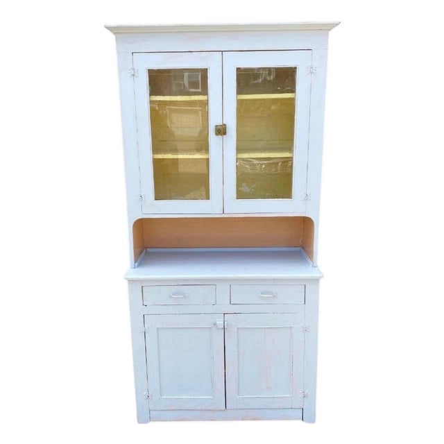 Antique French Country Farmhouse White 2 Piece Step Back Hutch Kitchen Cupboard For Sale