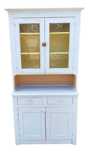 Antique French Country Farmhouse White 2 Piece Step Back Hutch Kitchen Cupboard