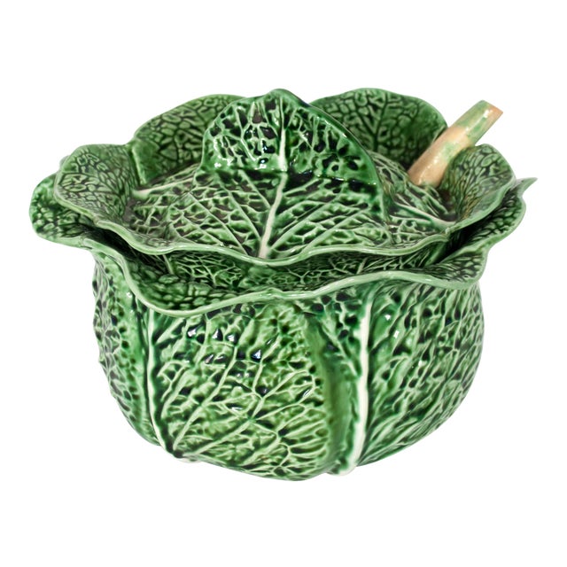 Green Majolica Cabbage Leaf Soup Tureen With Ladel Chairish