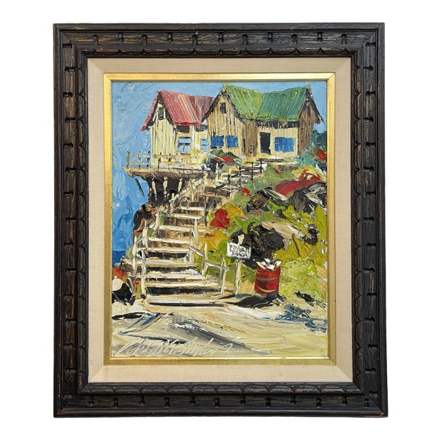 Vintage Colorful Private Beach House Painting For Sale