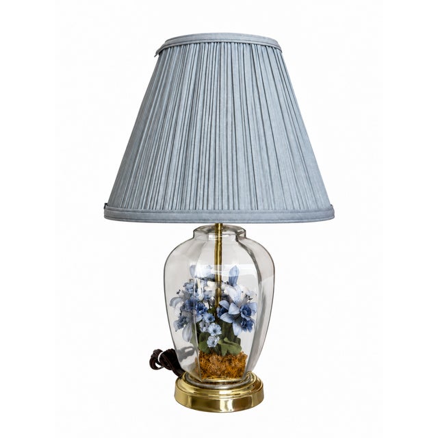 Vintage Blue Floral Glass Terrarium Table Lamp With Pleated Blue Shade For Sale - Image 4 of 8