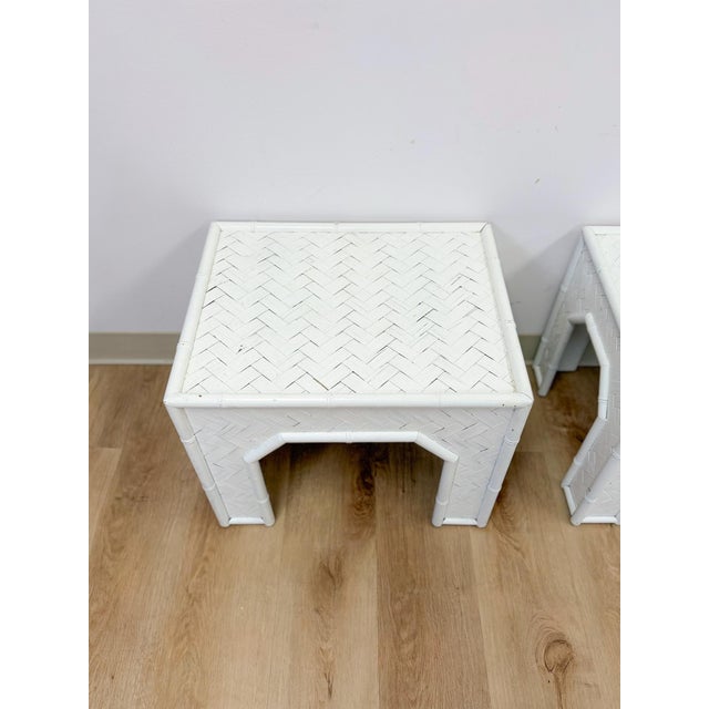 Vintage Side Tables White Painted Parquet Faux Bamboo Regency Pair Accent Tables For Sale In Tampa - Image 6 of 10