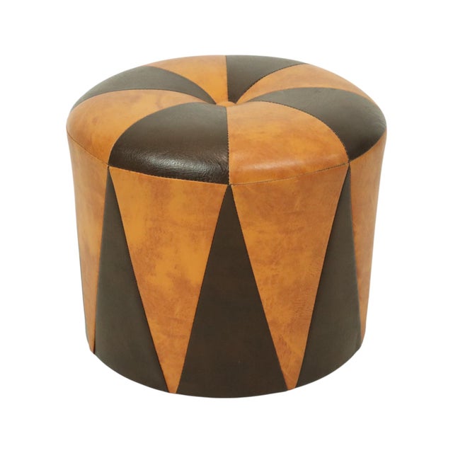 Cool vintage round pouf in Moroccan patchwork style, made from a wooden base and upholstered in high-quality two-tone...