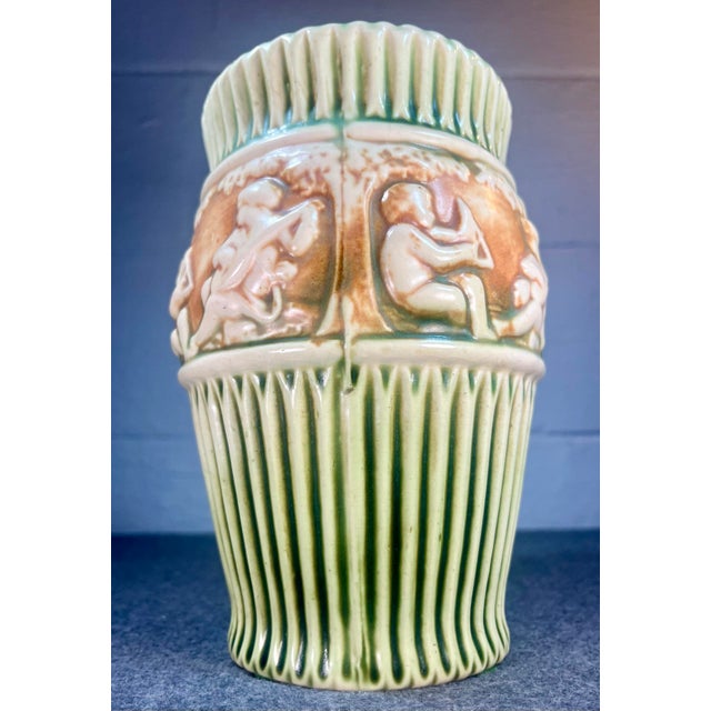 Art Nouveau Antique Roseville Donatello Green Ivory 8” Vase For Sale - Image 3 of 8