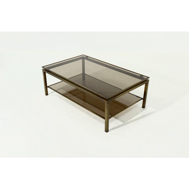 Brass and Smoked Glass 2-Tier Coffee Table, 1970s For Sale - Image 11 of 12
