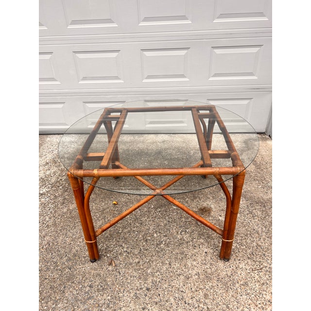 Mid-Century Modern Vintage 6 Piece Rattan Glass Top Dining Set With 4 Chairs, Two With Arms For Sale - Image 3 of 12