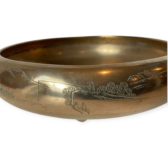 Vintage Brass Asian Landscape Bowl Engraved Chinoiserie Decor 9.25” For Sale - Image 9 of 11