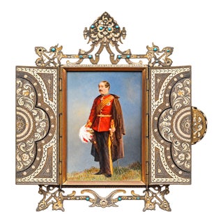 Amazing Ornate Victorian Antique Anton Boehm Brass Picture Photo Frame With Painting Portrait Miniature of British Soldier For Sale