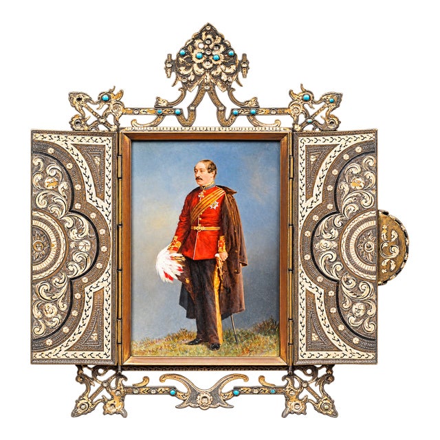 Amazing Ornate Victorian Antique Anton Boehm Brass Picture Photo Frame With Painting Portrait Miniature of British Soldier For Sale