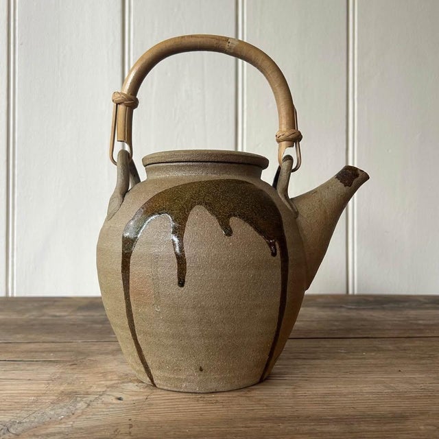 Large Vintage Japanese Inspired Teapot with Brown Drip Glaze Decoration and Cane Handle, 1960s For Sale - Image 9 of 9
