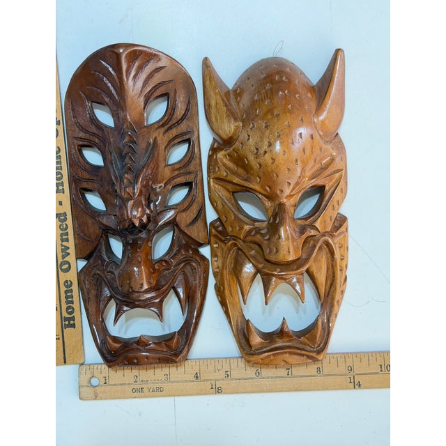 Pair of Vintage Philippine Hand-Carved Monkey Pod Wood Dragon & Demon Wall Masks For Sale - Image 12 of 12