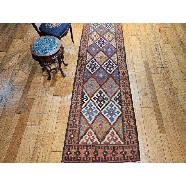 Textile Antique Varamin Kilim Runner, Handwoven Wool, Caucasian Geometric Pattern, 3x12 For Sale - Image 7 of 17