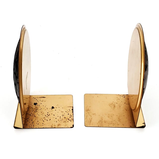 1960s Jere Style World Atlas Brass Plated and Brown Vinyl Bookends Depicting the Eastern and Western Hemispheres, Signed - a Pair For Sale - Image 11 of 12