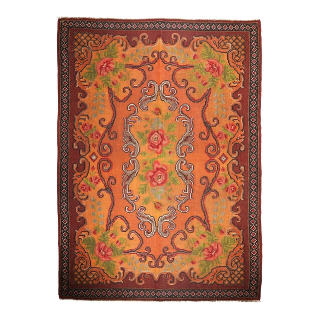 Handwoven Vintage Moldovan Kilim With Floral Medallions in Warm Terracotta & Rose -5' 11'' X 9' 5'' For Sale