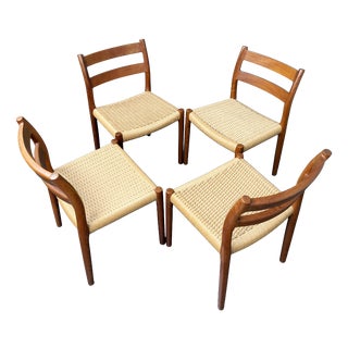 Model 84 Dining Chairs in Teak and Paper Cord by Niels Otto Møller for Jl Møllers, Denmark, 1970s, Set of 4 For Sale