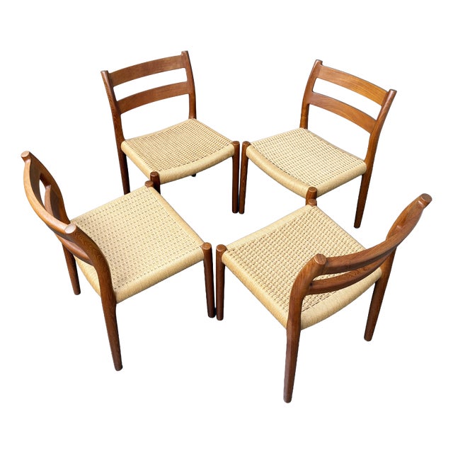 Model 84 Dining Chairs in Teak and Paper Cord by Niels Otto Møller for Jl Møllers, Denmark, 1970s, Set of 4 For Sale