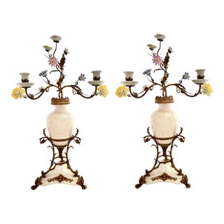 Pair Vintage French Style Porcelain Candelabra With Bronze Details and Flower Design For Sale
