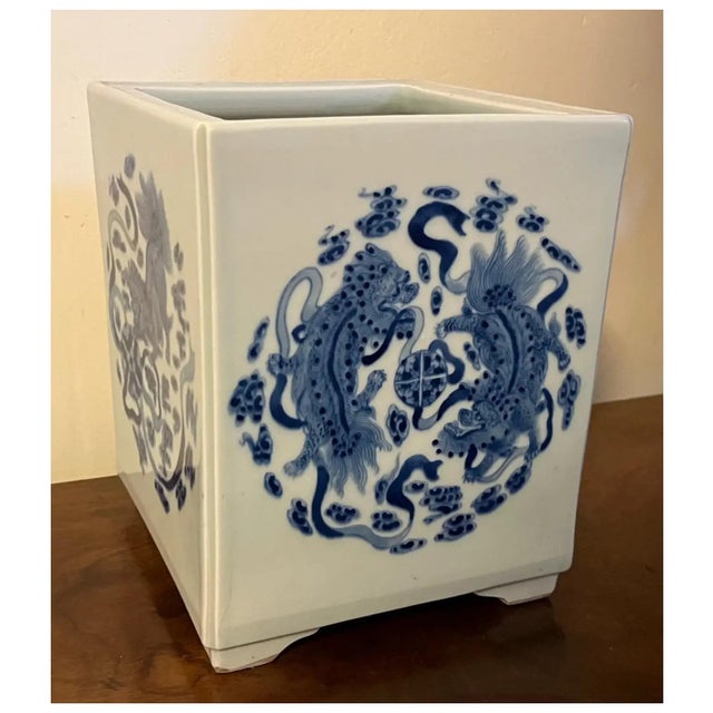 Large Antique 19th Century Chinese Blue & White Porcelain Brush Pot Decorated With Kylin Tigers, Mythical Beasts or Foo Dogs For Sale - Image 9 of 12