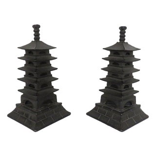 Unique Pair of Chinoiserie Cast Iron Pagoda Bookends Asian Mid Century Modern For Sale