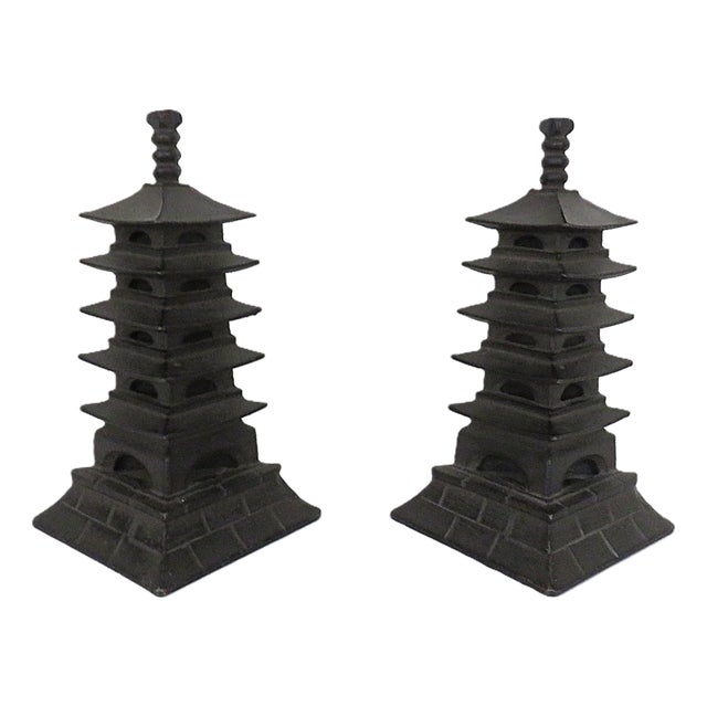 Unique Pair of Chinoiserie Cast Iron Pagoda Bookends Asian Mid Century Modern For Sale