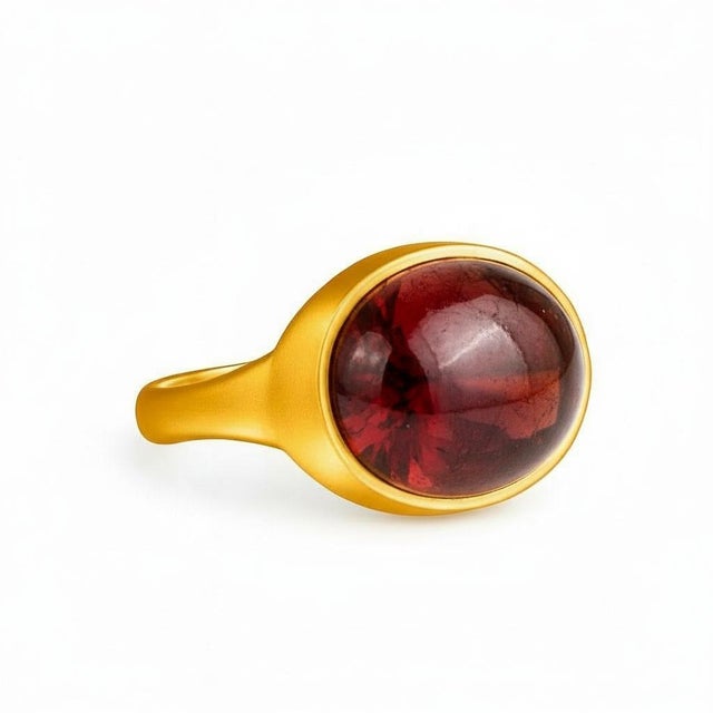 Ring with garnet cabochon. Red garnet statement ring. Cocktail garnet ring. Birthstone ring. Metal stamp: 925 silver + 14k...