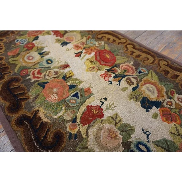 Brown 1890s Brown Roses Folk Art Antique American Hooked Rug 1'8" X 3'4" Knotted Wool Carpet For Sale - Image 8 of 10