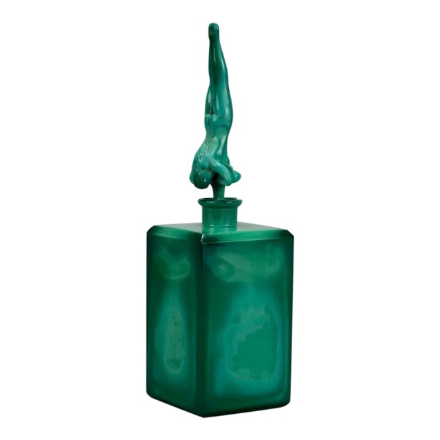 Art Deco Era Czech Malachite Glass Perfume with Nude Stopper For Sale