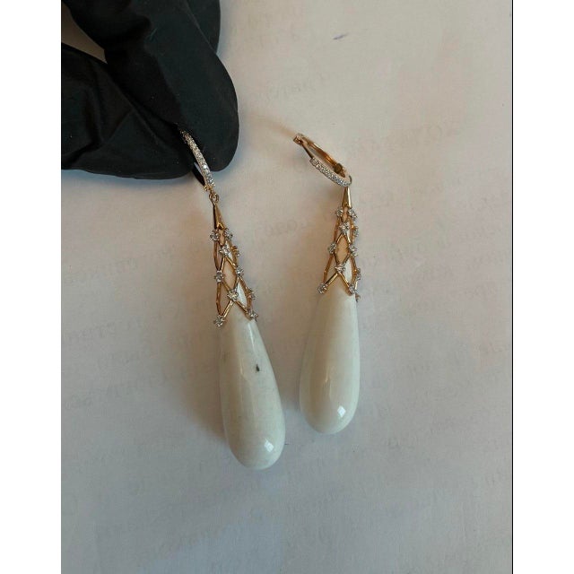 White Agate Cabochon White Pave Diamonds 18 Karat Rose Gold Unique Drop Earrings, A Pair For Sale - Image 9 of 9