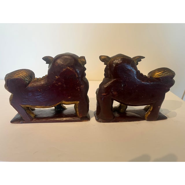 Pair Late 19th Century Chinese Carved Giltwood Male & Female Guardian Foo Dogs With Cub Attached to Female For Sale - Image 4 of 12